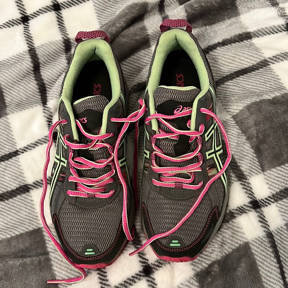 ASICS tennis shoes.  Size 9.  Good used condition. Gray, pink & green.